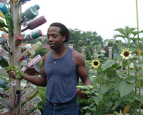 Photo of a man in a garden holding vegetables.